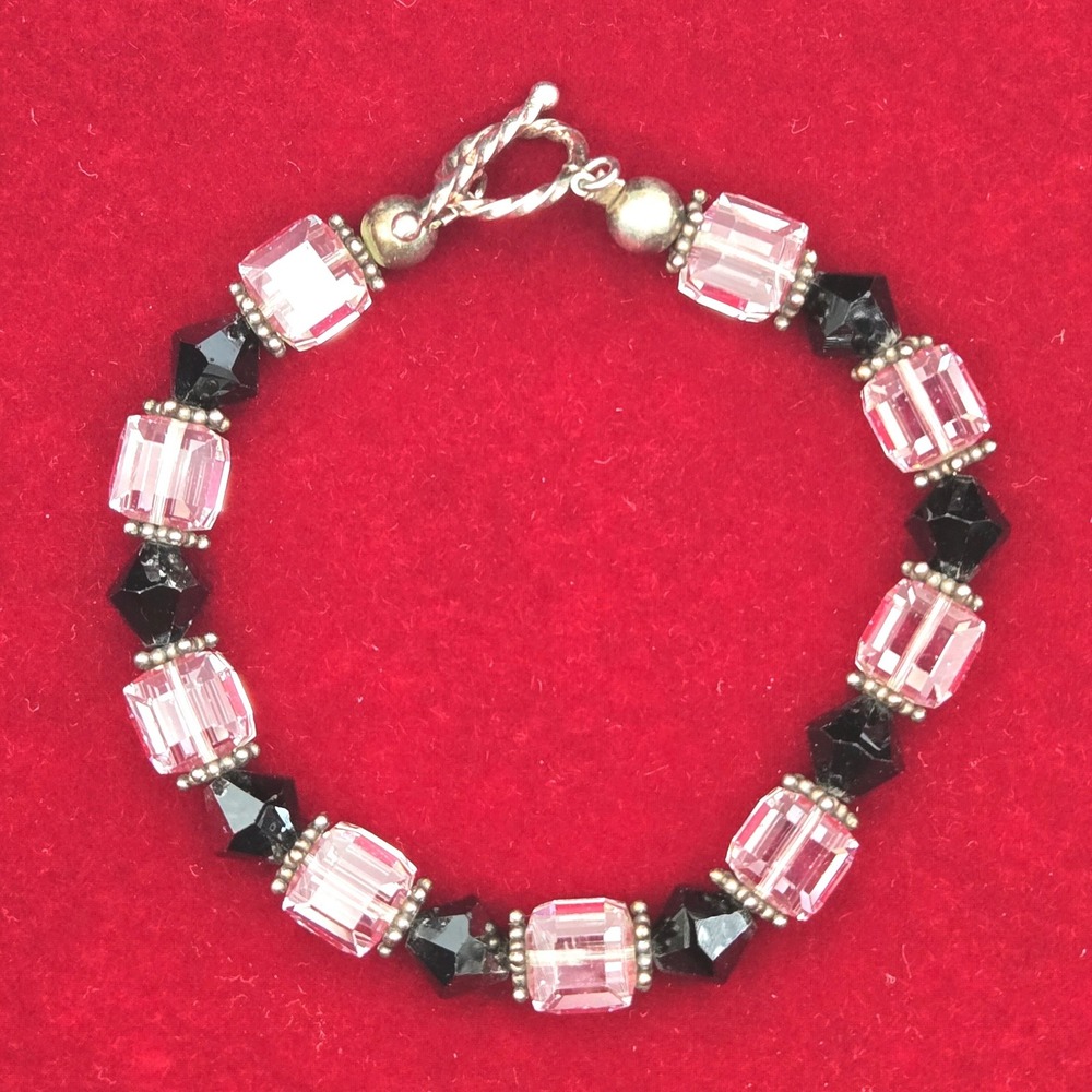 Sparkling Crystal Cube Black Faceted Bead Handmade Bracelet Silver‎ Tone Clasp